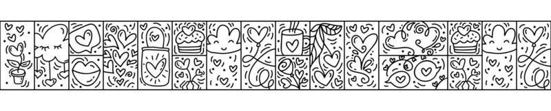 valentines logo vector washi tape transparente motif frontière amour, gâteau, lèvres, coeur, nuage et sac. constructeur monoline dessiné à la main pour carte de voeux romantique