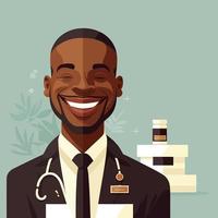 un homme noir adulte travaillant un pharmacien, avec une étagère de médicaments de pharmacie en arrière-plan vecteur