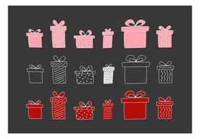 set cadeaux dessin au trait. cadeaux à pois et rayés. icône couleurs blanc, rose et rouge. illustration vectorielle vecteur