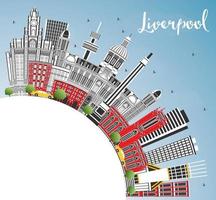 horizon de la ville de liverpool en angleterre avec des bâtiments de couleur, un ciel bleu et un espace de copie. vecteur