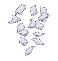 les dossiers papier des documents tombent. feuilles volantes. feuille blanche. élément de bureau. objet lancé. poubelle blanche. illustration de contour de dessin animé vecteur