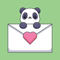 panda mignon tenant une lettre d'amour dessin animé mascotte doodle art dessiné à la main contour concept vecteur kawaii icône illustration