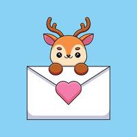 mignon cerf tenant une lettre d'amour dessin animé mascotte doodle art dessiné à la main contour concept vecteur kawaii icône illustration