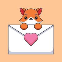 mignon renard tenant une lettre d'amour dessin animé mascotte doodle art dessiné à la main contour concept vecteur kawaii icône illustration