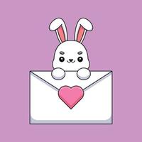 mignon lapin tenant une lettre d'amour dessin animé mascotte doodle art dessiné à la main contour concept vecteur kawaii icône illustration