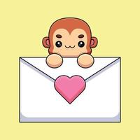 singe mignon tenant une lettre d'amour dessin animé mascotte doodle art dessiné à la main contour concept vecteur kawaii icône illustration