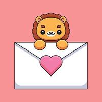 mignon lion tenant une lettre d'amour dessin animé mascotte doodle art dessiné à la main contour concept vecteur kawaii icône illustration