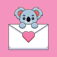 mignon koala tenant une lettre d'amour dessin animé mascotte doodle art dessiné à la main contour concept vecteur kawaii icône illustration