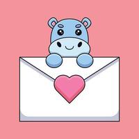 mignon hippopotame tenant une lettre d'amour dessin animé mascotte doodle art dessiné à la main contour concept vecteur kawaii icône illustration