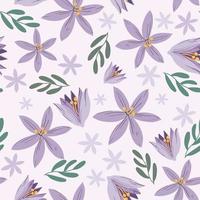 modèle sans couture de tissu floral violet. motif botanique floral bleu violet et illustration d'arrière-plan transparente. fond frais de printemps mignon fleur sauvage. vecteur