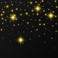 toile de fond dorée avec des étoiles et des étincelles de poussière isolées sur fond transparent foncé. effet de lumière brillant de noël magique de célébration. illustration vectorielle. vecteur