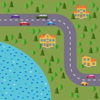 plan de village. paysage avec la route, la forêt, le lac, les voitures et les maisons. illustration vectorielle vecteur