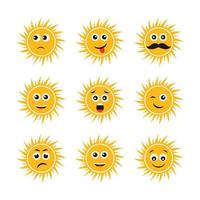 ensemble de soleils avec des sourires. neuf soleils jaunes avec différents smileys. illustration vectorielle vecteur