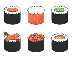 ensemble de sushis de style kawaii. mignons sushis japonais. illustration vectorielle. style bande dessinée. logo du restaurant de sushis. vecteur