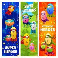 personnages de vitamines de super-héros joyeux de dessin animé vecteur