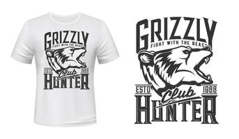 t-shirt hunter club imprimé, animal grizzli vecteur
