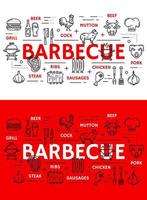 barbecue, viande, et, saucisses, gril, ligne, icônes vecteur