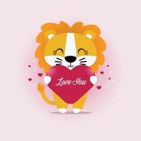 bonne saint valentin, avec le thème d'un lion mignon tenant un symbole de coeur avec les mots, je t'aime. vecteur