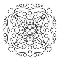 motif de mandala peint avec des formes de coeur de traits noirs et des cercles à colorier. vecteur