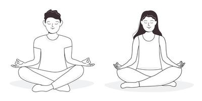 les gens sont assis dans la position du lotus.un homme et une femme font du yoga, méditent. graphiques vectoriels artline. vecteur
