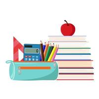étui à crayons avec crayons et calculatrice de livre avec pomme. école d'éducation.