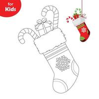 mini-jeux pour enfants. ensemble de noël. livre de coloriage. belle chaussette rouge du nouvel an, un échantillon à colorier. jeu de cartes pédagogiques pour les jeunes enfants vecteur