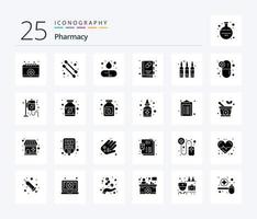 pharmacie 25 pack d'icônes de glyphes solides comprenant une capsule. liquide. Médicament. drogue. livre médical vecteur