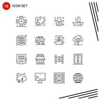 aperçu de l'interface mobile ensemble de 16 pictogrammes d'éléments de conception vectoriels modifiables de cuisine de navire médical de skiff mondial vecteur