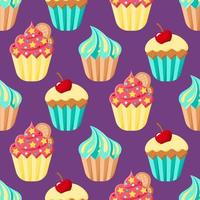 modèle sans couture de vecteur de cupcakes. desserts colorés de dessin animé sur fond violet