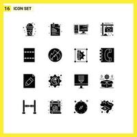 pack de 16 signes et symboles de glyphes solides modernes pour les supports d'impression Web tels que la disposition des éléments de conception vectorielle modifiables du système de carte d'ordinateur domestique vecteur