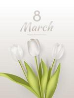 Bannière de voeux du 8 mars, fond de bouquet de fleurs de tulipe réaliste blanc. affiche, dépliant, carte de voeux, illustration vectorielle d'en-tête de site Web. modèle pour la publicité, le web, la couleur pastel des médias sociaux. vecteur