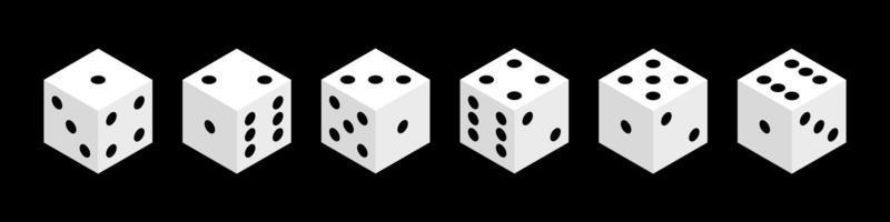 dés objets vectoriels isométriques isolés. cubes blancs réalistes avec un nombre aléatoire de points noirs ou de pépins. concept de conception de jeux de hasard, casino, craps et poker, jeux de table ou de société. vecteur