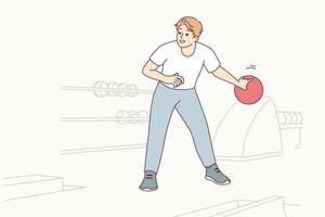 un homme jouant au bowling balance la main pour faire un excellent lancer et abattre toutes les quilles. guy with ball aime jouer au bowling en compétition avec des amis pendant la pause du vendredi après le travail. conception de vecteur plat