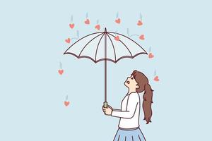 la fille utilise un parapluie pour se cacher des coeurs tombant d'en haut, symbolisant la surabondance de l'amour parental. concepts d'essayer de se cacher de la cour et des soins excessifs. illustration vectorielle plane vecteur