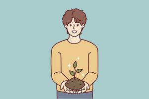 adolescent souriant tenant la terre avec un arbre en pleine croissance dans les mains démontrant l'amour pour l'écologie et le soin de la nature. gars étudiant la faune tenant une plante avec des feuilles à la caméra. illustration vectorielle plane vecteur