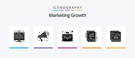 pack d'icônes glyphe de croissance marketing 5, y compris en ligne. rapport. orateur. tarte. graphique. conception d'icônes créatives vecteur