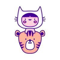 bébé mignon en costume de chat avec art de griffonnage de tigre, illustration pour t-shirt, autocollant ou marchandise vestimentaire. avec un style pop et kawaii moderne. vecteur