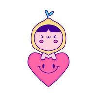 bébé mignon en costume de fruit de citron tenant l'art de doodle de symbole d'amour, illustration pour t-shirt, autocollant ou marchandise de vêtements. avec un style pop et kawaii moderne. vecteur