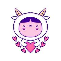 bébé mignon en costume de mouton avec symbole d'amour doodle art, illustration pour t-shirt, autocollant ou marchandise vestimentaire. avec un style pop et kawaii moderne. vecteur