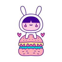 enfant mignon en costume de lapin avec burger doodle art, illustration pour t-shirt, autocollant ou marchandise vestimentaire. avec un style pop et kawaii moderne. vecteur