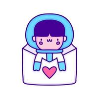 doux bébé astronaute à l'intérieur de la lettre d'amour doodle art, illustration pour t-shirt, autocollant ou marchandise vestimentaire. avec un style pop et kawaii moderne. vecteur