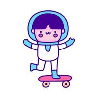 mignon bébé astronaute faisant du skateboard doodle art, illustration pour t-shirt, autocollant ou marchandise vestimentaire. avec un style pop et kawaii moderne. vecteur