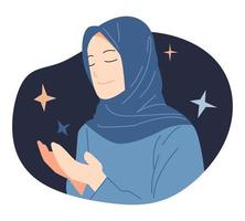 une fille musulmane en hijab prie. avec des icônes étoiles. adapté aux thèmes religieux, ramadan, islamiques. illustration de couleur plate de vecteur. vecteur