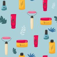 modèle sans couture de maquillage. illustrations de différents cosmétiques. fond de vecteur glamour rouge à lèvres et pommade