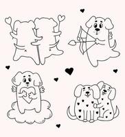 aimer les chiens. collection d'animaux romantiques avec coeur et mignons chiens étreignants. illustration vectorielle. dessins de contour isolés pour la conception et la décoration de valentines, cartes postales d'amour, impression. vecteur