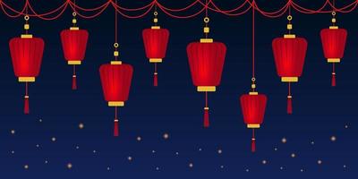 groupe de lanternes en papier rouge brillant. illustration vectorielle, carte de voeux, bannière décorative, modèle, arrière-plan, invitation au festival des lanternes chinoises. vecteur