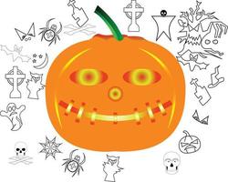 modèle sans couture de vecteur pour halloween. citrouilles, chauves-souris, crânes et feuilles d'automne dans un style enfantin doodle. motif de dessin animé lumineux pour halloween