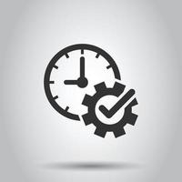 coche sur l'icône de l'horloge dans un style plat. engrenage avec illustration vectorielle de temps sur fond blanc isolé. concept d'entreprise de production. vecteur