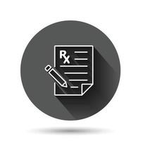 icône de prescription dans un style plat. illustration vectorielle de document rx sur fond rond noir avec effet d'ombre portée. concept d'entreprise de bouton de cercle de papier. vecteur