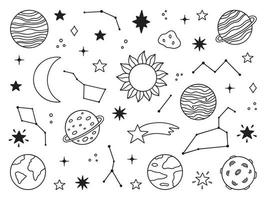 ensemble de doodles spatiaux. planètes, étoiles, constellations, lune dans le style de croquis. système solaire. illustration de vecteur dessiné à la main isolé sur fond blanc